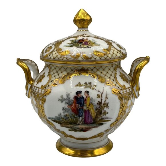 Antique Dresden Ohme Germany Creamer & Sugar Hand Painted Watteau Scenes Gold - Picture 12 of 16